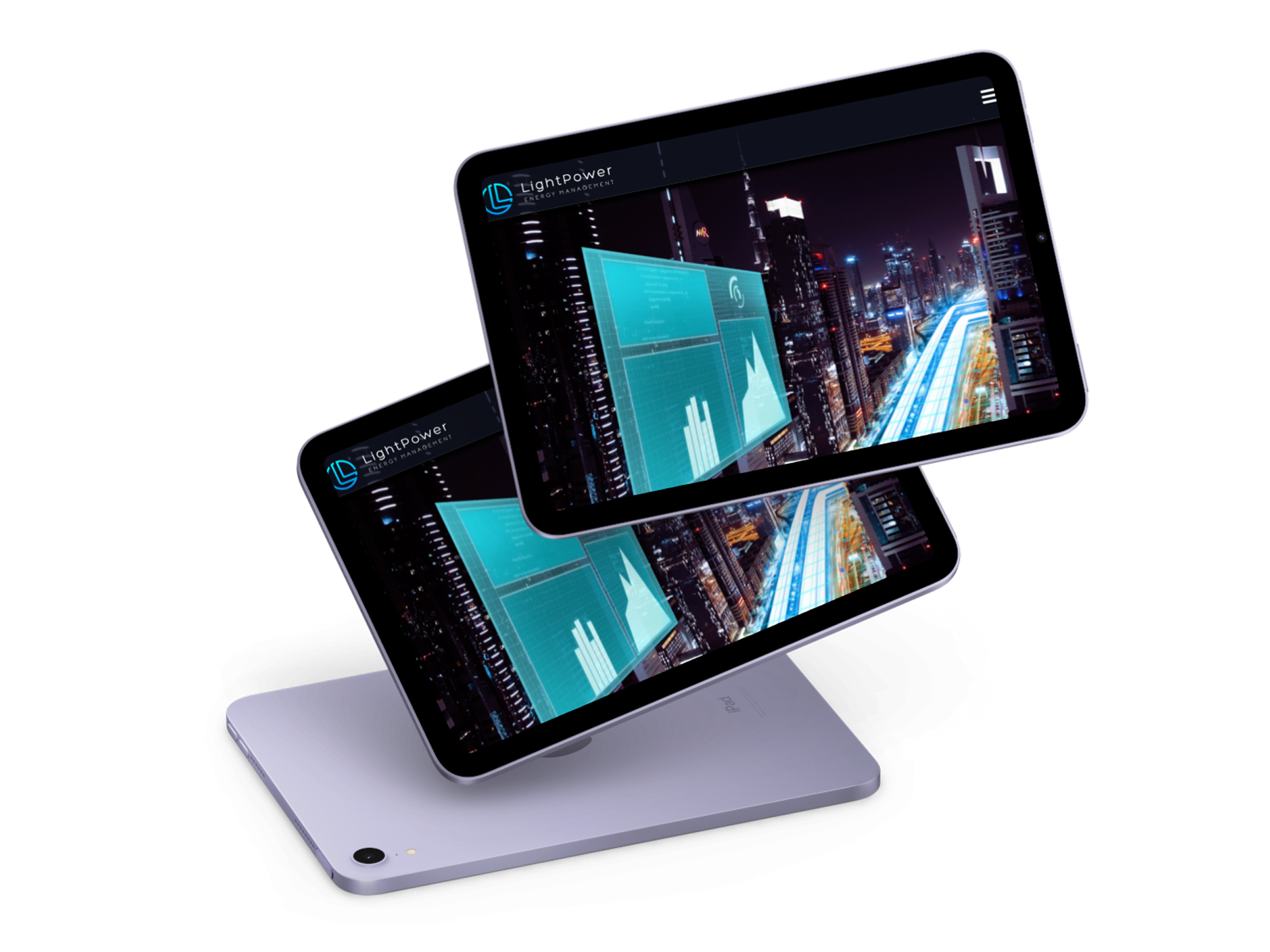 Três tablets, um com a tela virado para o chão, e os outros dois tablets flutando com a pagina incial do site da lightpower