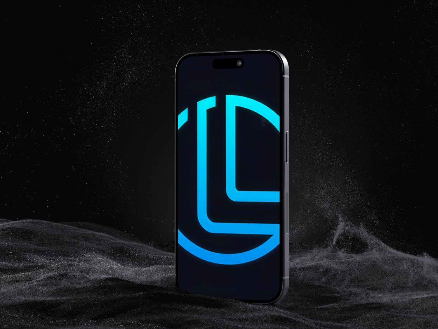 Um celular em pê com a logo da Lightpower. A logo é redonda azul com um degradê azul claro neon com duas linhas formando um L dentro do circulo. O celular esta num chão feito de areia preta se dissipando no vento com um background preto