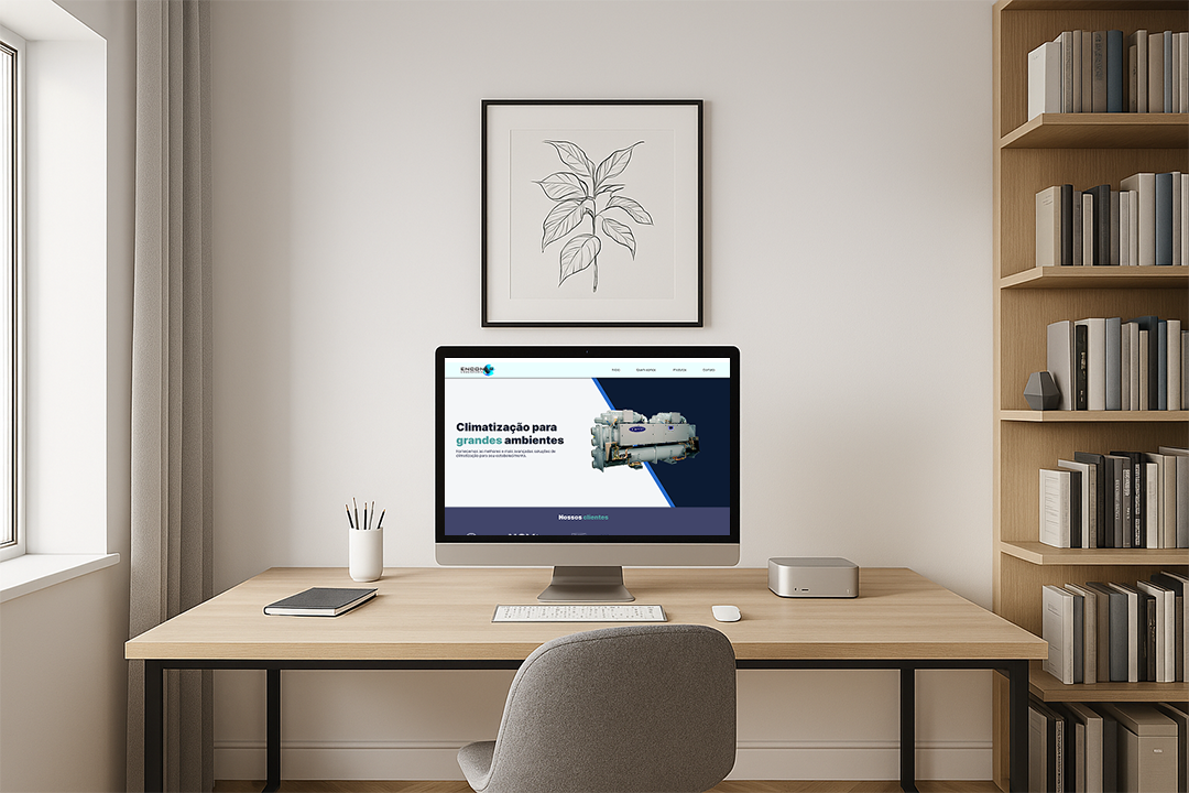 Imagem de um escritório minimalista com uma mesa de madeira clara, cadeira cinza e parede branca. Sobre a mesa há um computador exibindo o site da Enconf Engenharia, que apresenta o texto “Climatização para grandes ambientes” e a imagem de um equipamento industrial de refrigeração. Também há um vaso com lápis, um caderno e um pequeno dispositivo eletrônico ao lado do monitor. Na parede, um quadro com ilustração de uma planta completa a decoração.