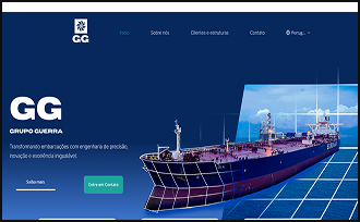 Site do Grupo Guerra, mostrando um navio no mar e o texto sobre engenharia de precisão e inovação em embarcações. Menu superior com opções Início, Sobre nós, Clientes e estruturas, e Contato.
