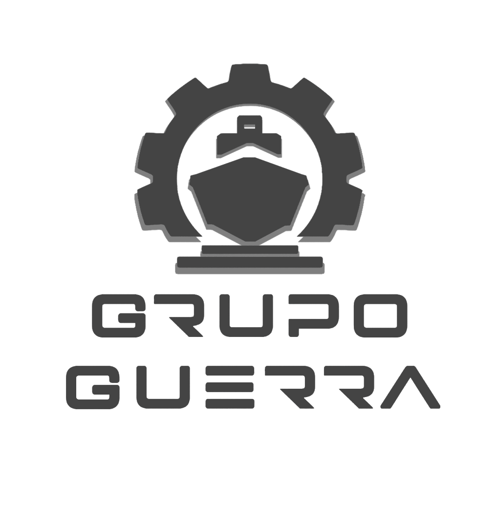 Logotipo do Grupo Guerra, com o ícone de uma engrenagem contendo um navio no centro e o nome “GRUPO GUERRA” escrito abaixo em letras estilizadas.