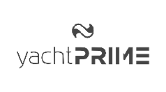 Logotipo da empresa YachtPrime, com um símbolo abstrato acima e o nome “yachtPRIME” escrito em letras minúsculas e maiúsculas.