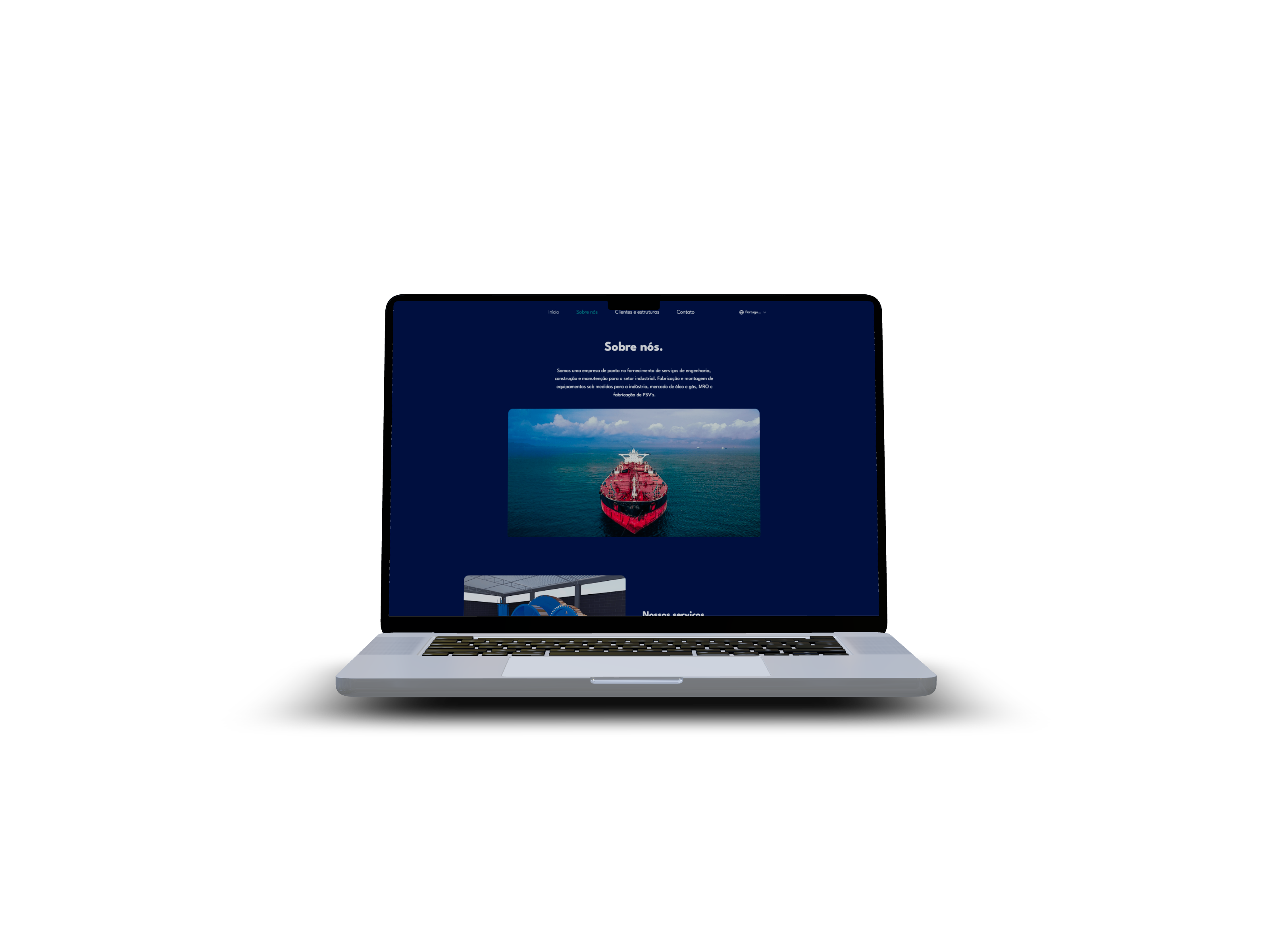 Monitor demonstando o site do grupo guerra na pagina sobre nós com um barco de carga num mar azul e verde