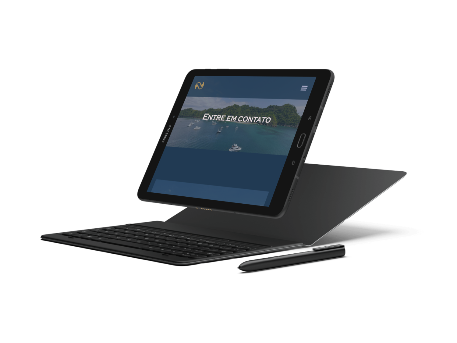 um tablet flutuando em cima de um monitor preto. O tablet tem a pagina de contatos da Yachtprime 