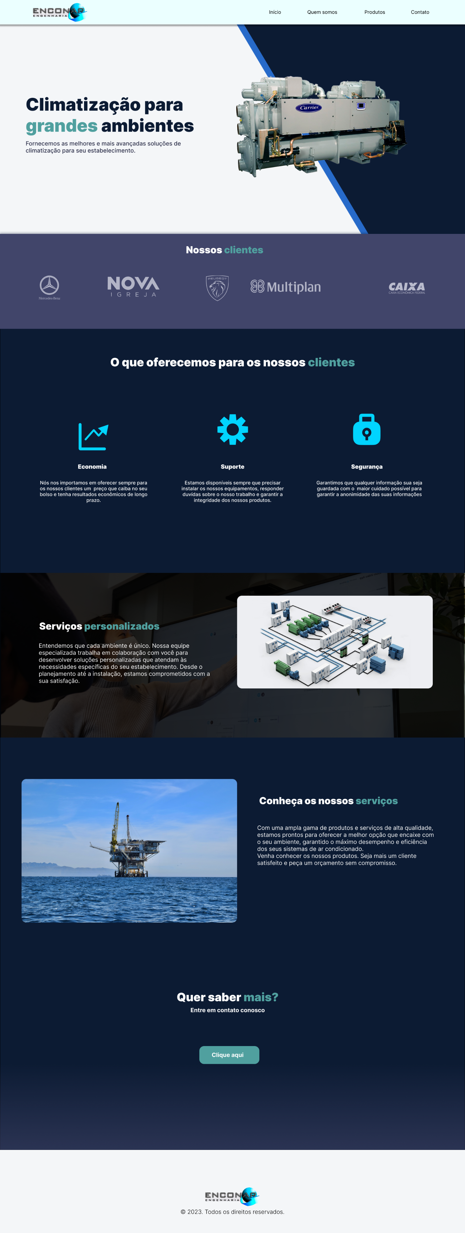 Página inicial do site da empresa Enconar Engenharia, especializada em climatização para grandes ambientes. A imagem mostra um equipamento industrial de ar-condicionado da marca Carrier à direita e o texto ‘Climatização para grandes ambientes’ à esquerda, acompanhado de uma descrição sobre soluções avançadas de climatização. No topo há um menu com as opções Início, Quem somos, Produtos e Contato