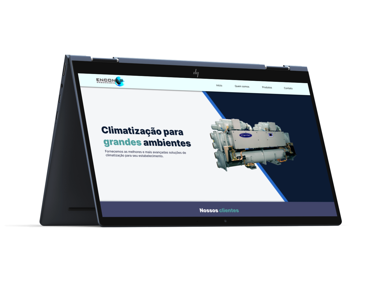 Tablet inclinado com a capa para baixo com a primeira pagina do site da enconar